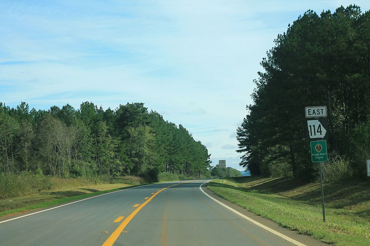 An empty two-lane highway curving through green pine woods past an East 114 route sign on a sunny day