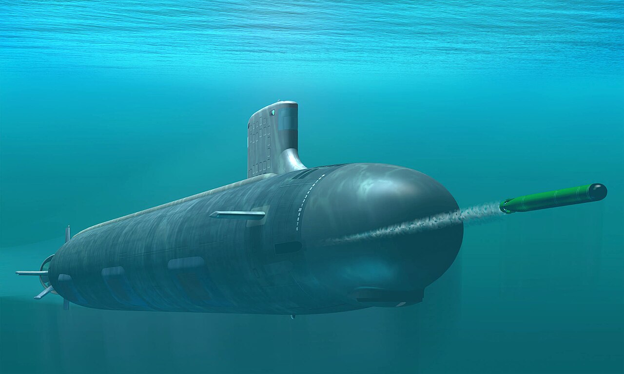Illustration of a Virginia-class attack submarine underwater releasing a torpedo