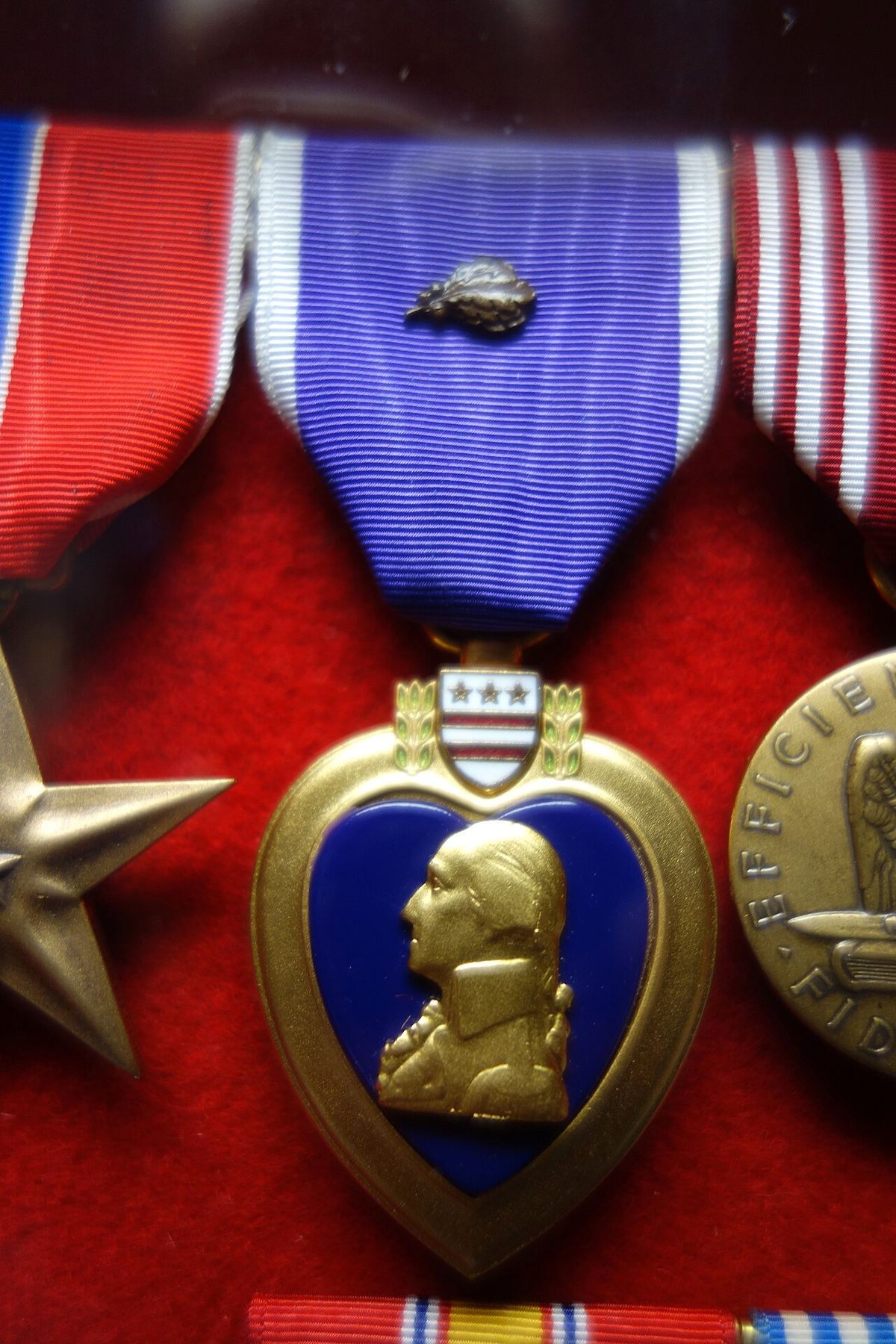 A gold-edged Purple Heart medal with George Washington's profile, hanging from a purple and white ribbon in a museum display
