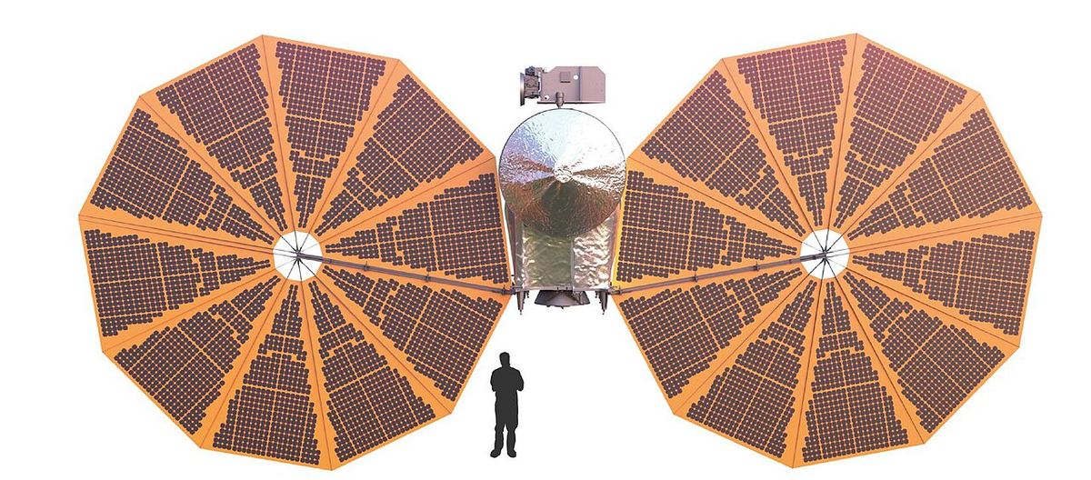 An illustration of NASA's Lucy spacecraft with two huge round orange solar arrays spread out on either side of its body