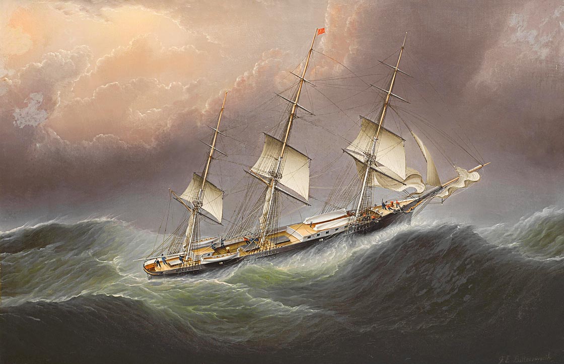 An oil painting of an American clipper ship under full sail, heeling through stormy green seas beneath dark clouds