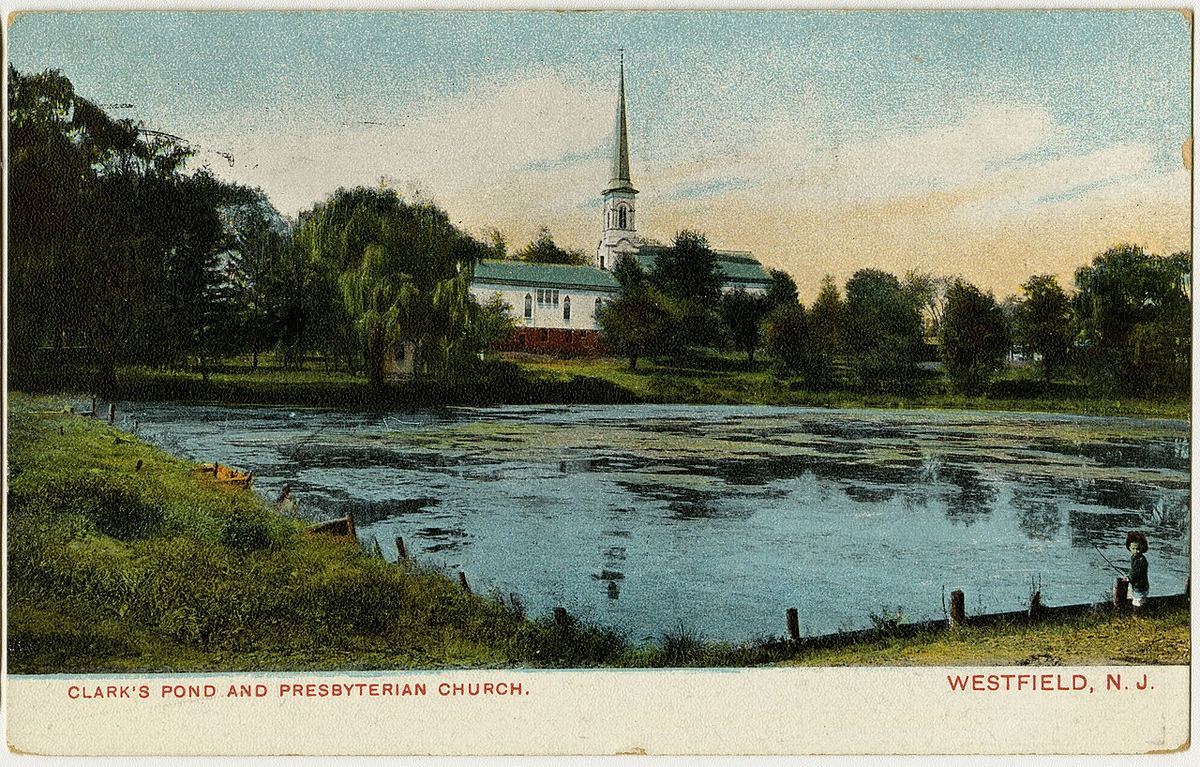 A vintage hand-colored postcard of a pond lined with trees and Westfield's white Presbyterian church steeple beyond