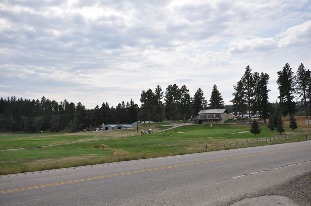 A green golf course with golf carts and a clubhouse, framed by tall pine trees under a cloudy summer sky