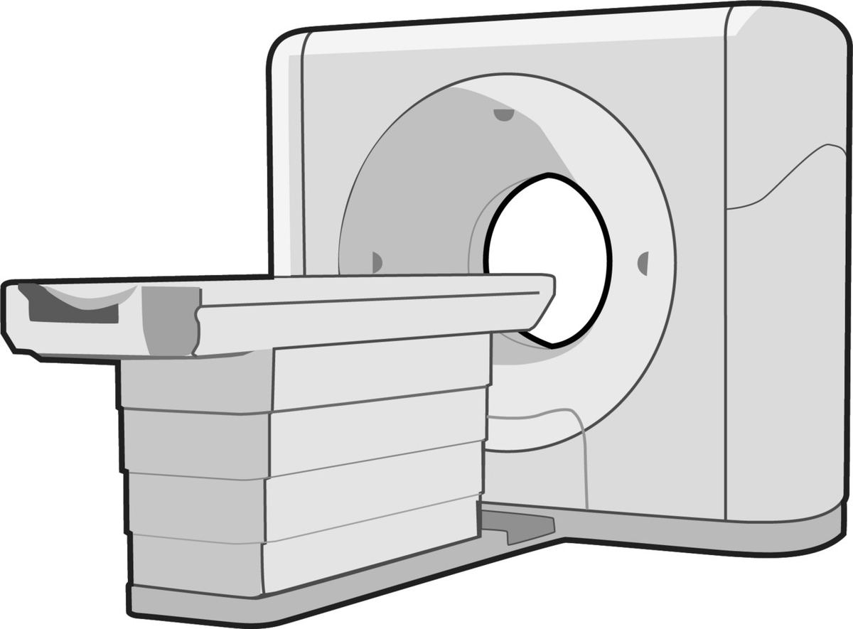 An illustration of a white CT scanner, a large ring-shaped machine with a patient table sliding into its center