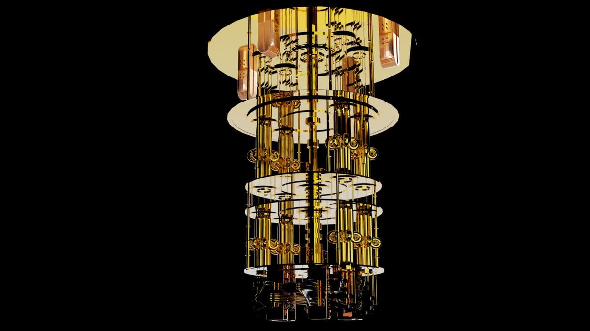 A computer rendering of a gold-plated dilution refrigerator, the stacked ultra-cold stages used for low-temperature physics, on a black background